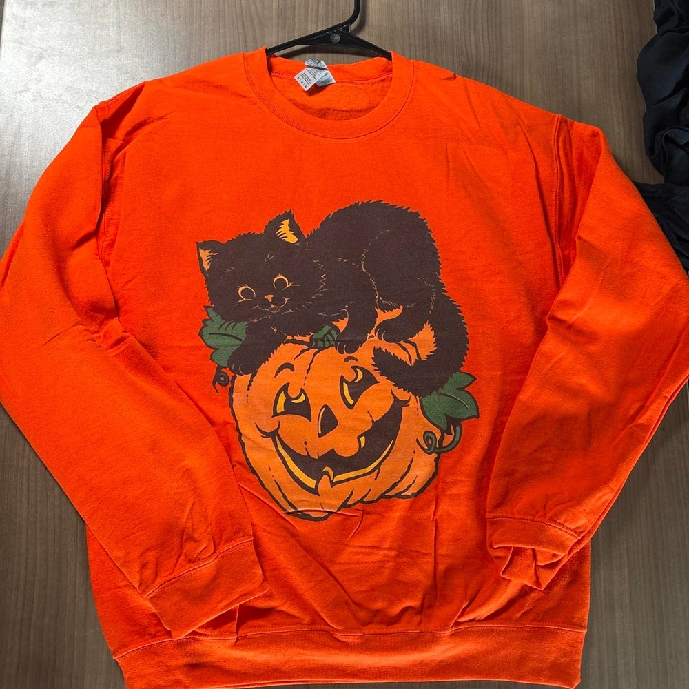 Orange Halloween crewneck sweatshirt with black cat on a pumpkin graphic, size M